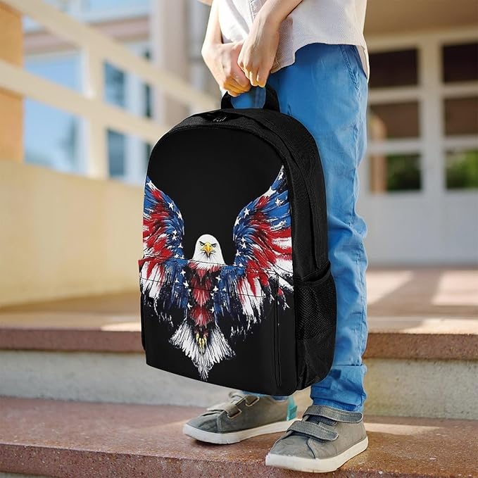 Supdreamc Rucksack Polyester Anti-Theft Multipurpose American Flag And Bald Eagle Patriotic Black Carry On Bag Large Capacity Travel and Sport Backpack Rucksack With Smooth Zippers