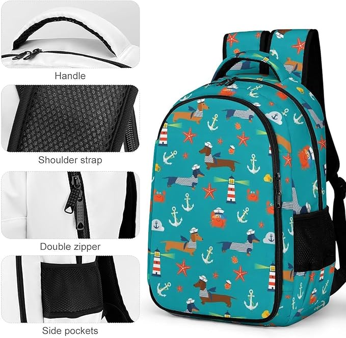 Water Resistant Laptop Backpack Dachshund Nautical Dog Pattern, Business Anti Theft Computer Bag with Water Bottle Pockets for College Men Women