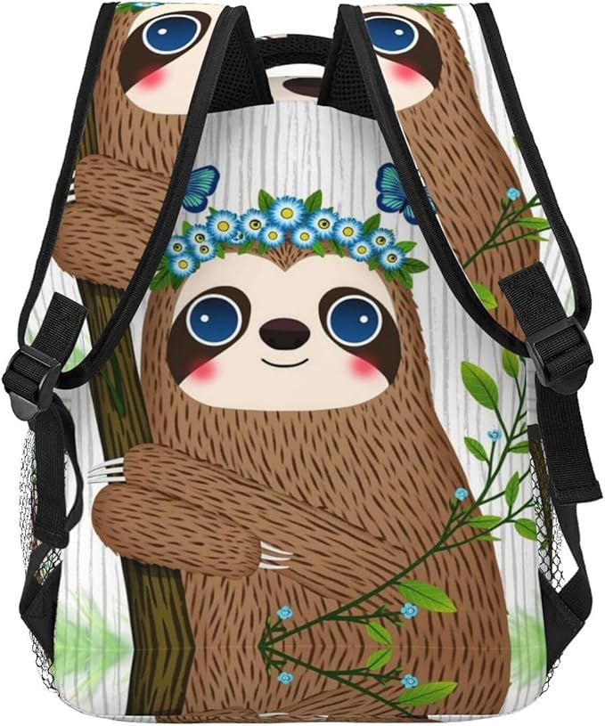 Polyester Daypack for Hiking Work Running, Big Capacity Anti-Theft Multipurpose Shoulder Bag, Cute Sloth Blue Flowers Art Travel and Sport Backpack Rucksack