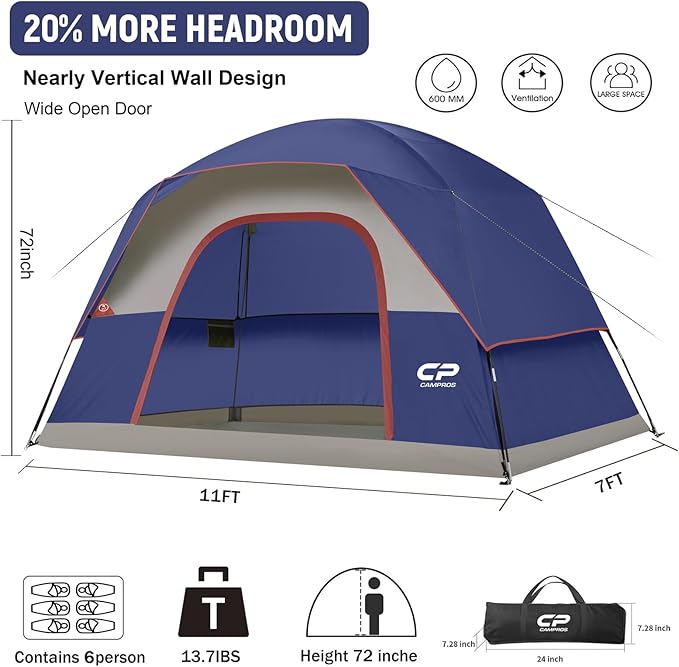 Tents for Camping 6 Person Tent Waterproof Windproof Double Layer Family Camping Tent, Easy Setup Dome Tent with Large Mesh Windows & Wider Door for Outdoor Camping & Hiking