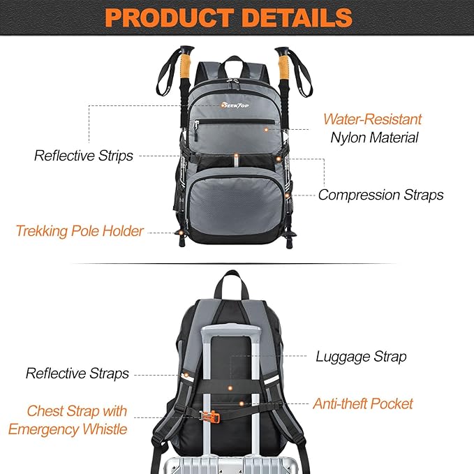 Seektop Lightweight Travel Backpack for Men Women, Multiple Pockets 40L Hiking Backpack Foldable Carry on Backpack (Gray)