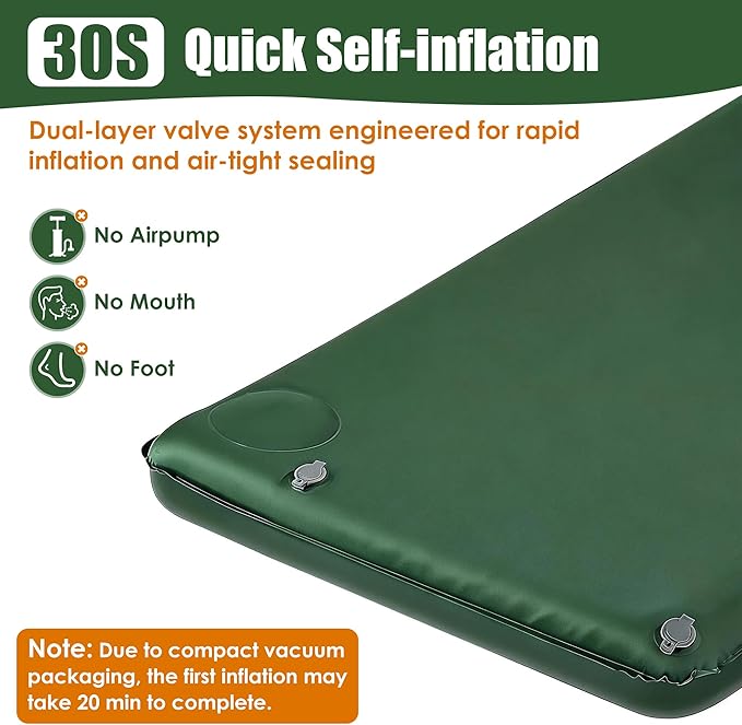 Memory Sleeping Pad, 3.1" Self Inflating Sleeping Pad for Camping, Easy Inflate & Deflate, Portable Foam Mattress with Pillow, 9.5 R-Value Insulated Sleeping Mat for Backpacking, Car, Travel, Tent