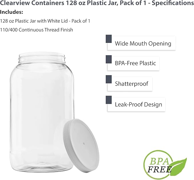Plastic Storage Shatter Proof Jars with Leak Proof Lids, BPA Free, Hand Wash Only (128oz, 1PK White)