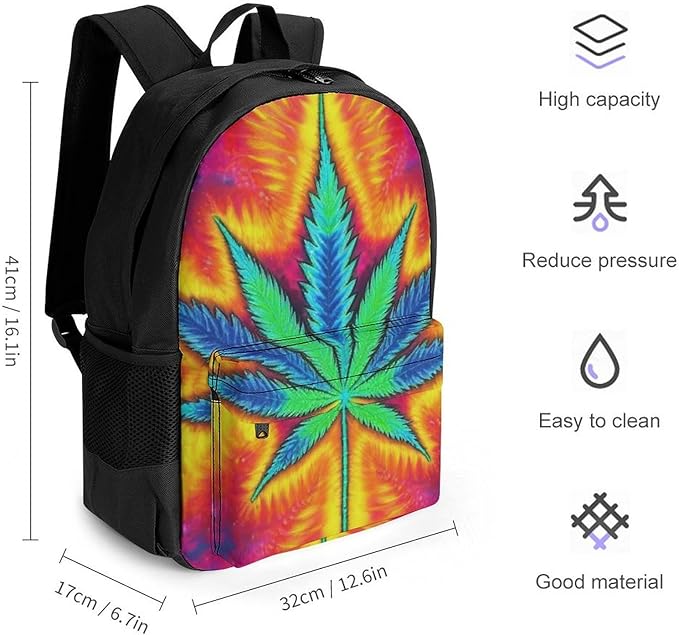 Men Women Polyester Trippy Tie Dye Pot Leaves Weedleaf Leaf Daypack Backpack Large Capacity Carry On Bag With Smooth Zippers for Hiking Picnic Walking Cycling