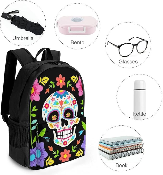 Men Women Lightweight Mexican Day Of Dead Flower Traditional Sugar Skull Casual Daypack Large Capacity Bookbag With Adjustable Shoulder Straps for Gym Business Bicycle