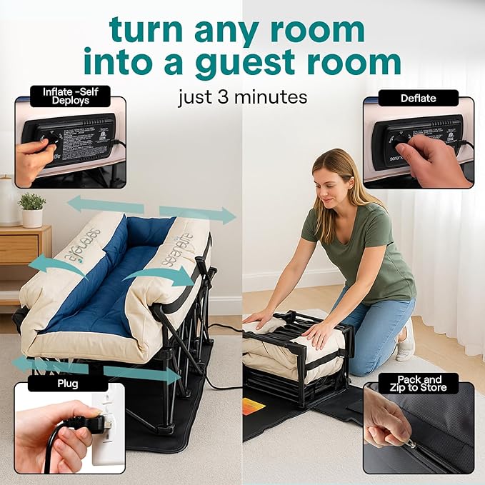 SereneLife (Twin) EZ Bed Air Mattress with Frame and Rolling Case - 3 Min Self Inflating Air Bed with Upgraded U-Coil Mattress and Premium Soft Flocked Top, Wall Plug AC Powered Inflate and Deflate
