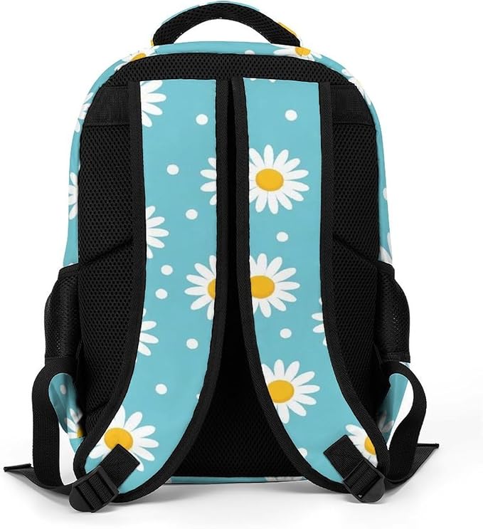Travel Backpack Purse for Women, Light Blue Floral Daisy Flower Dots Cute Laptop Backpack with Tumbler Holder for Nurse Teacher College Work Casual Daypack