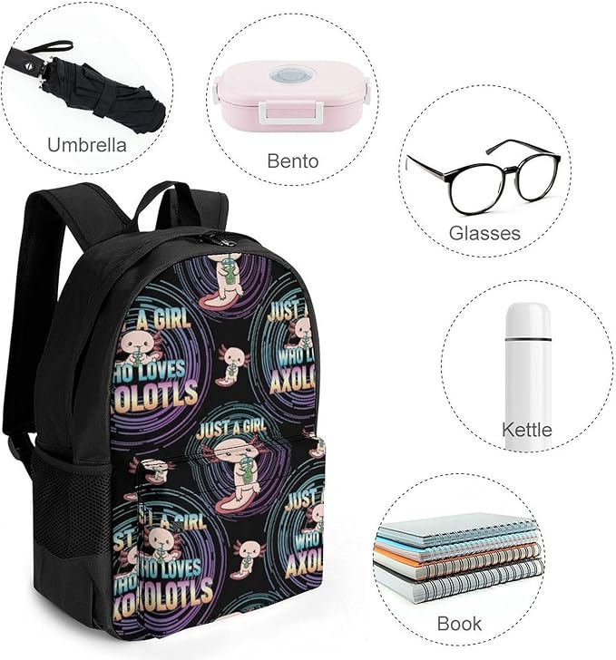 Multipurpose Business Travel Rucksack Cute Animals Pink Axolotls Prints Funny Black College Bookbag with Large Capacity Backpack for College Men Women