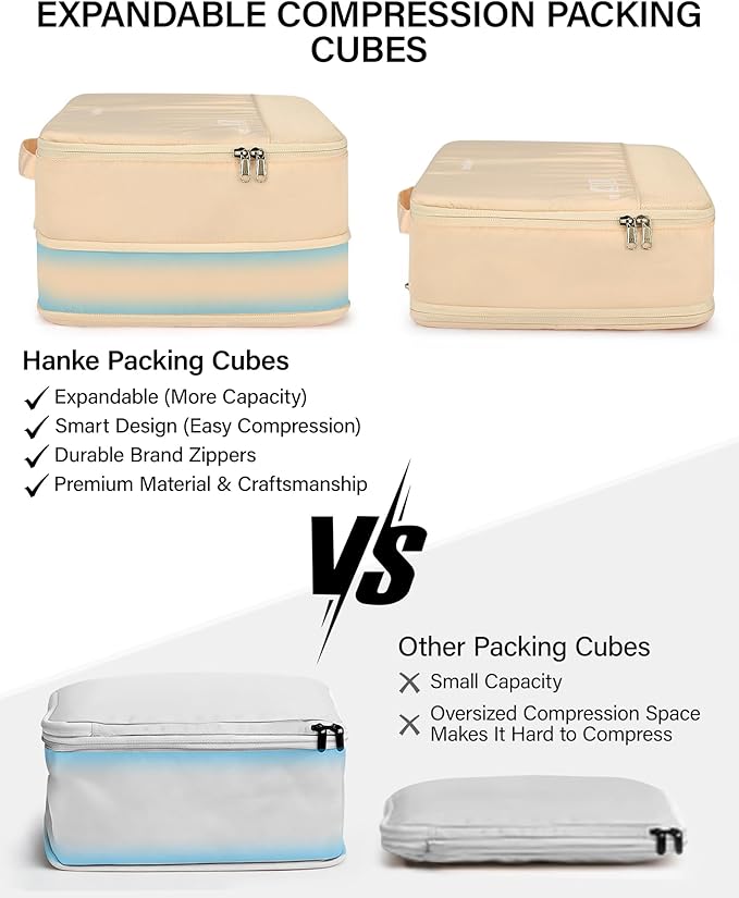Hanke 7 Piece Expandable Compression Packing Cubes, Premium Travel Packing Organizers for Suitcases/Carry On, Luggage Organizer Bags with Breathable Mesh & Label,Off White