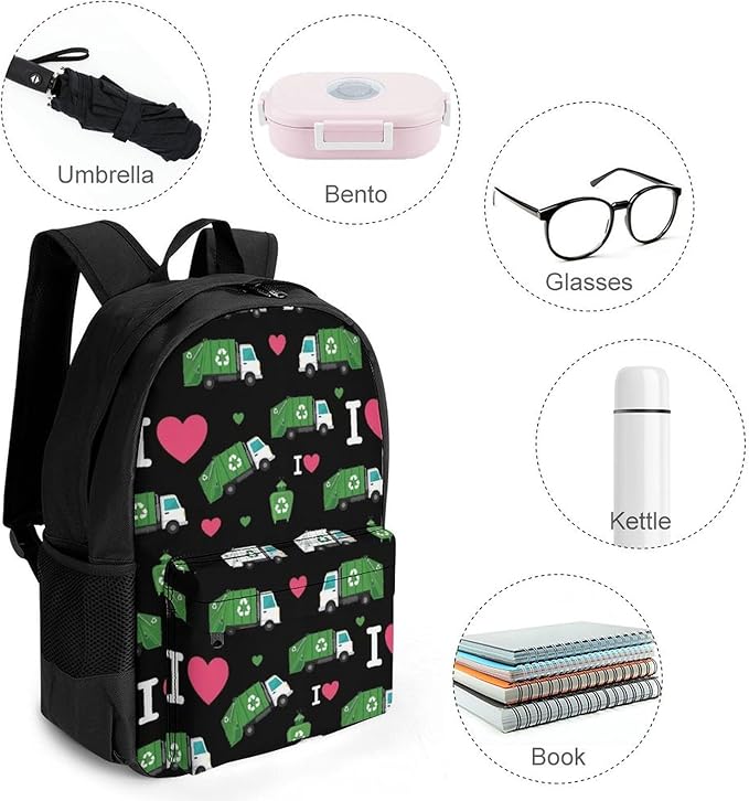 Shoulder Book Bags Polyester Multipurpose Anti-Theft I Heart Love Trash Garbage Trucks Black Carry On Bag Large Capacity Travel Hiking Camping Rucksack
