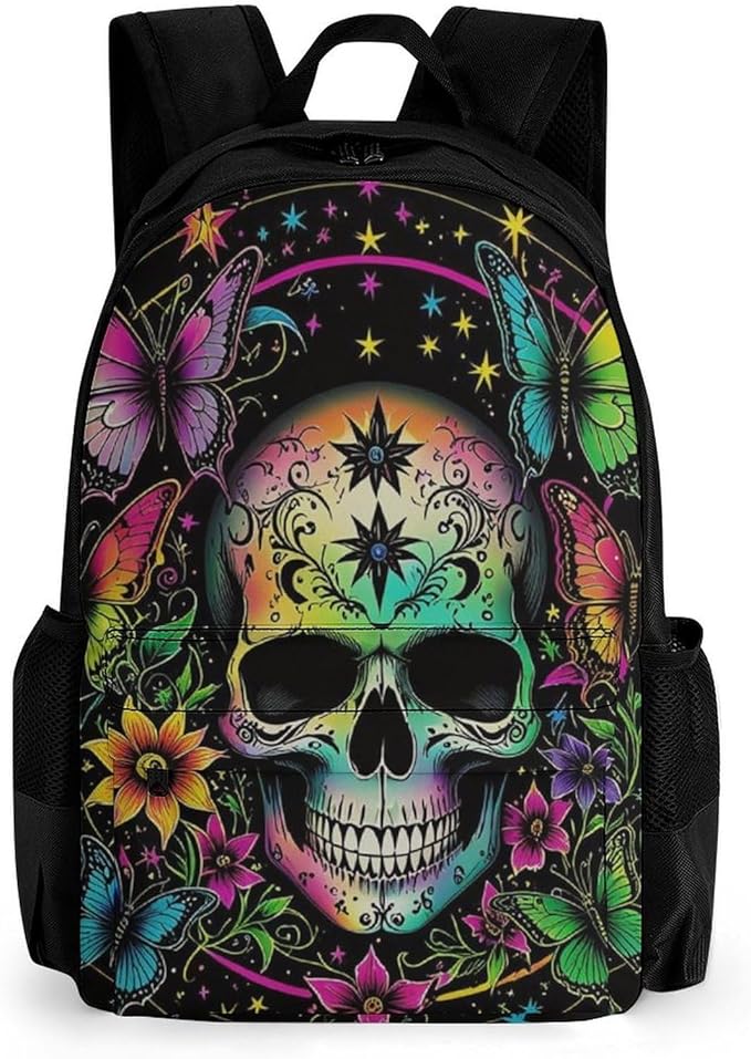 Men Women Polyester Psychedelic Skull Sbutterflies Art Backpack Large Capacity Bookbag With Smooth Zippers for Climbing Picnic Bicycle
