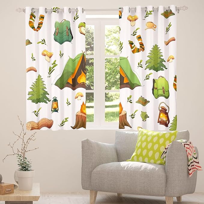 Feelyou Adventure Camping Nature Curtains for Bedroom Living Room Camping Theme Blackout Shades Camper Room Darkening Curtain Window Treatments, 2 Panels 52 x 84 Inch Decor