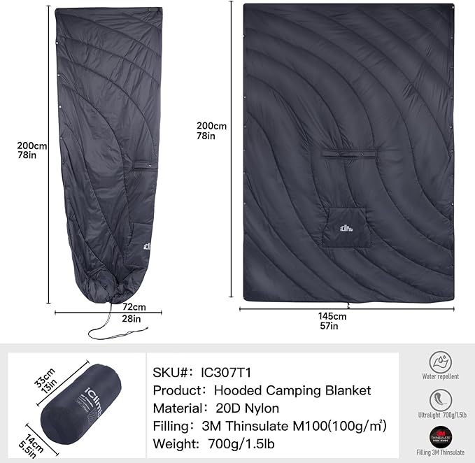 iClimb Hooded 3M Thinsulate Insulation Warm Camping Blanket Wearable Poncho Ultralight Compact