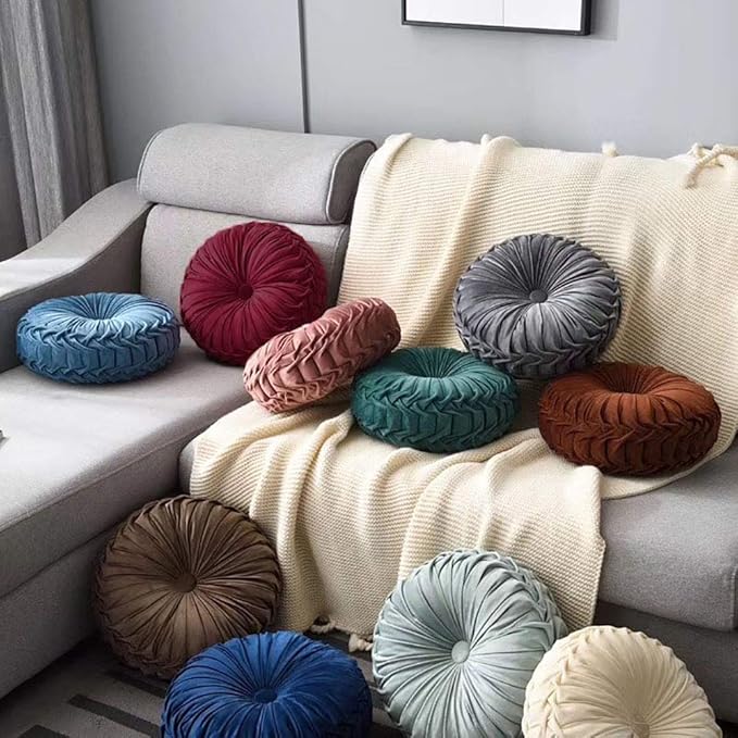Round Throw Pillow Velvet Home Decoration Pleated Round Pillow Cushion for Couch Chair Bed Car Beige