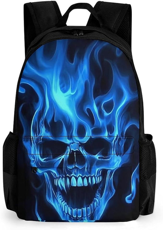 Supdreamc Backpack Multipurpose Anti-Theft Large Capacity Bookbag, Fire Flaming Blue Cool Skull Travel Hiking Daypack With Side Pockets