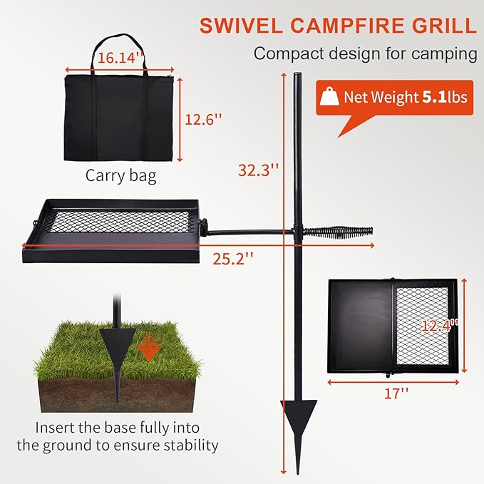 VINGLI Swivel Camping Firepit Grill, Foldable Campfire Steel Grate w/Griddle & Storage Bag, 360° Adjustable, Open Fire Outdoor Cooking Equipment, Parties, Activities, Families Use 32'' x 25''