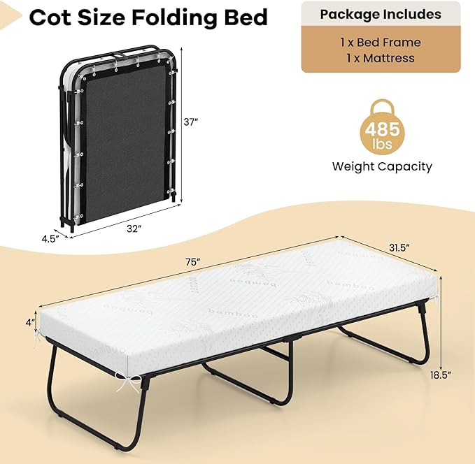 Giantex Folding Bed with Mattress, 75" x 31" Rollaway Guest Bed with Memory Foam & Heavy-Duty Metal Frame, Space-Saving Fold up Beds, Cot Size Portable Roll Away Beds for Adults