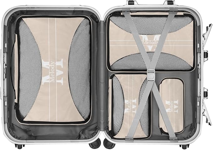Personalized Compression Packing Cubes with Name Initial Letter, Beige Color 4 Set Mesh Travel Organizer Bags for Carry on, Luggage, Suitcase