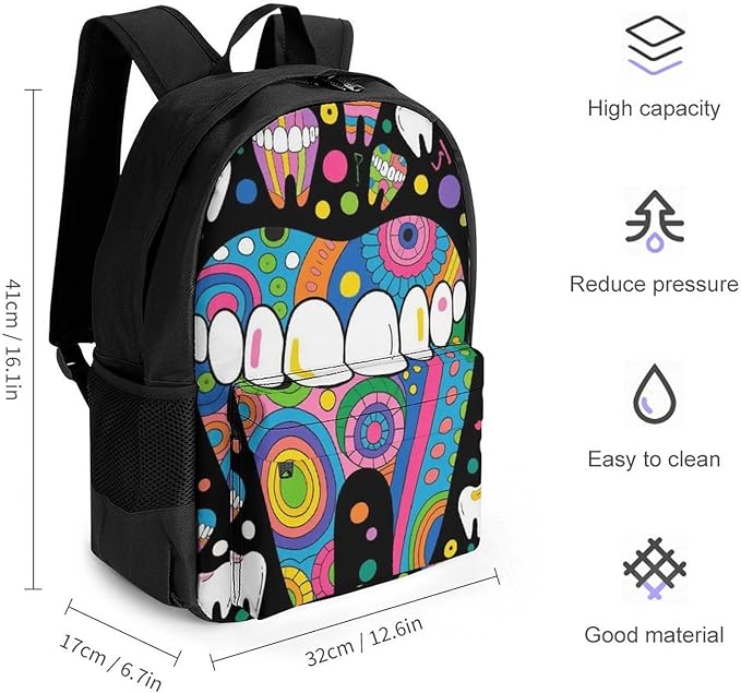 Daypack Bookbag Multipurpose Anti-Theft Big Capacity Carry On Bag, Cartoon Teeth Dental Art Travel Hiking Camping Rucksack With Padded Straps
