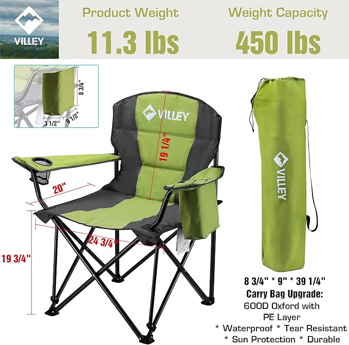 VILLEY Camping Chair, Oversized Folding Camp Chair, Portable Outdoor Chairs Support 450 LBS with Padded Seats, Cooler Bag, Cup Holder, Carry Bag, Green