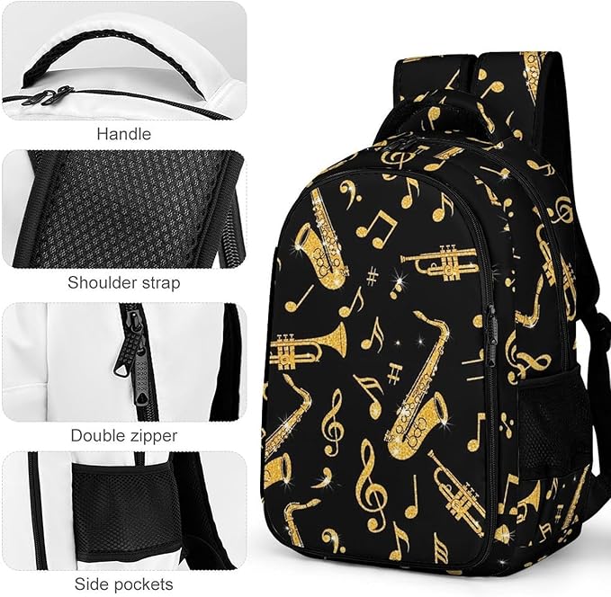 Laptop Backpack Saxophone Trumpets Music Gold Black, Sturdy Water Resistant College Bookbag with Water Bottle Pockets for Business Travel Commute