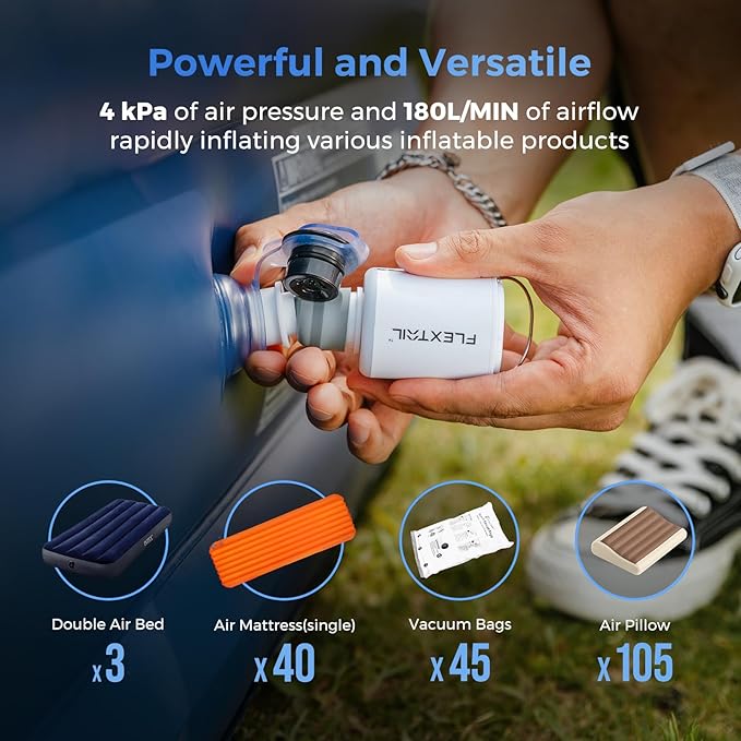 FLEXTAILGEAR Portable Air Pump with Camping Lantern Tiny Pump 2X 4kPa Air Pump for Inflatables Rechargeable Air Mattress Pump with Magnetic Design for Sleeping Pads, Pool Floats, Swimming Rings(OG)