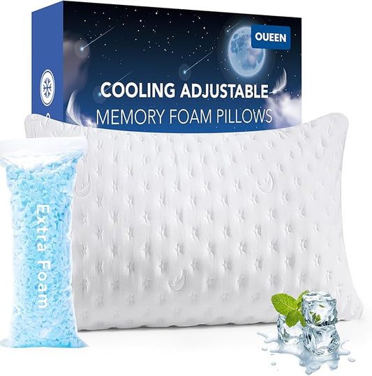 Cooling Side Sleeper Pillow for Neck and Shoulder Pain, Luxury Shredded Memory Foam Curved Bed Pillows for Sleeping Set of 1- Adjustable Queen Size- Washable Cover Original White