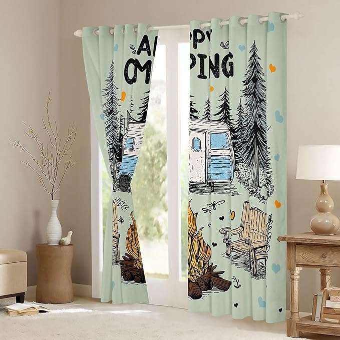 Feelyou Green Camping Camper Rv Curtains for Bedroom Living Room Happy Camping Blackout Darkening Drapes Rustic Farmhouse Window Treatments, 2 Panels 42 x 63 Inch Room Decor