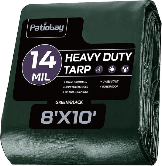 Tarp 8x10 Feet, 14 Mil Waterproof Tarps Heavy Duty with Brass Grommets, Thick Plastic Tarp, UV Resistant Tear&Fade Resistant, Reinforced Edges for Outdoor Pool Car Camp Tent