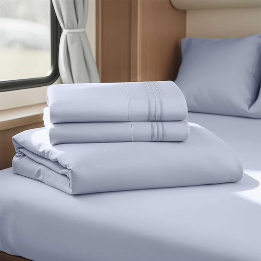 Hearth & Harbor Short Queen Sheets for RV, Ice Blue RV Queen Sheets, Silky Soft 1800 Microfiber Bed Sheet for Camper, 4 Piece RV Bedding with Pillowcases