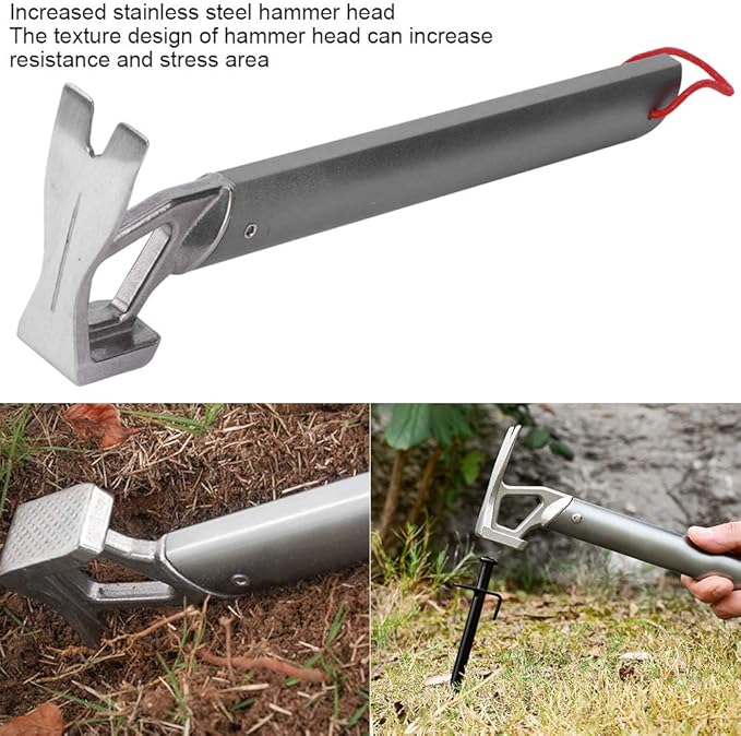 Camping Hammer, 12in Portable Lightweight Multi Functional Tent Hammer with Tent Stake Remover, Stainless Steel Heavy Duty Tent Stake Hammer, Tent Mallet for Backpacking, Hiking, Gardening, Outdoor