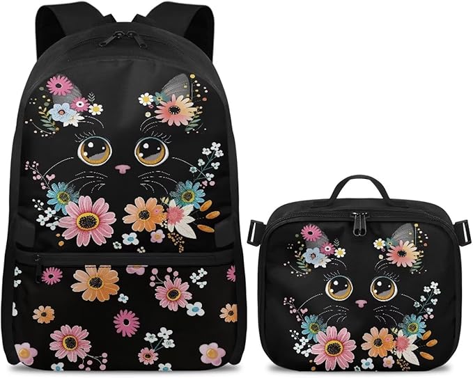 HUGS IDEA Floral Cat Backpack for Girls Cute Bookbag for Kids School Backpack for Girls with Lunch Box Lightweight School Bag for Elementary Students Hiking Rucksack