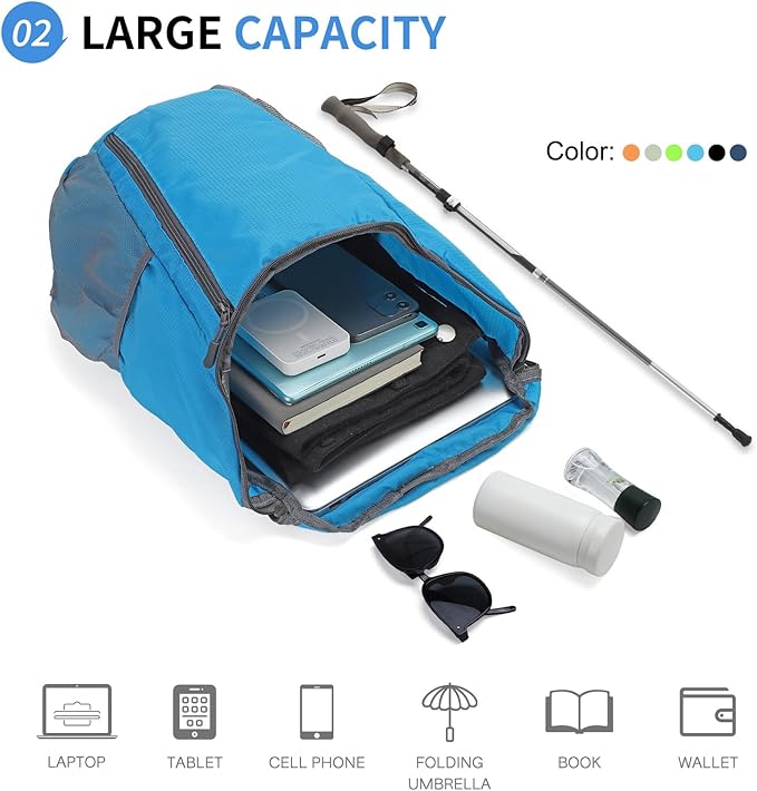 Hiking Backpack, 20L Packable Daypack for Men Women, Nylon with Adjustable Straps, Lightweight Waterproof Outdoor Camping Travel, Lake Blue