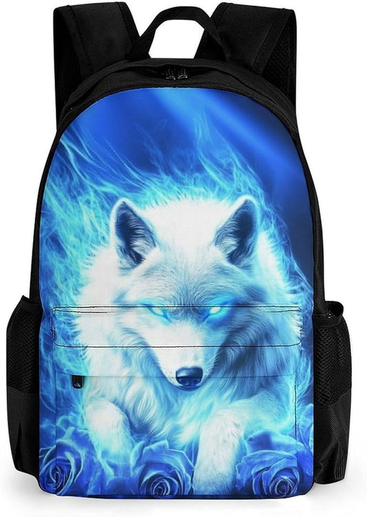 Rucksack Multipurpose Anti-Theft Big Capacity Shoulder Bag, Blue Fire Flame Rose Wolf Travel Hiking Camping Rucksack With Side Pockets