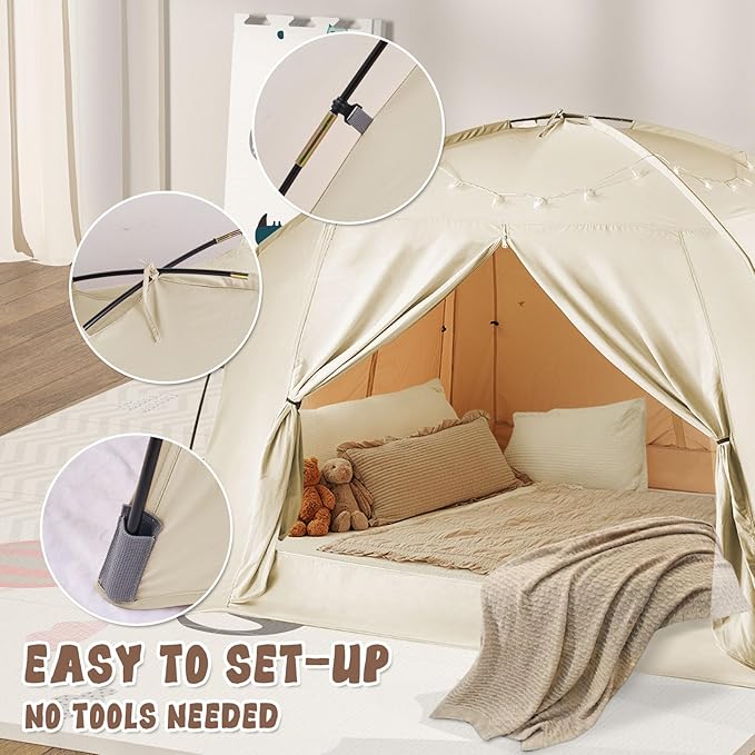 Bed Tents for Kids and Adult, Portable 100% Breathable and 93% Blackout Dream Play Tent, 3 Doors Big Privacy Space Sleeping Canopy for Indoor Floor or Twin Full Queen Sizes Bed (Khaki, Queen- Size)
