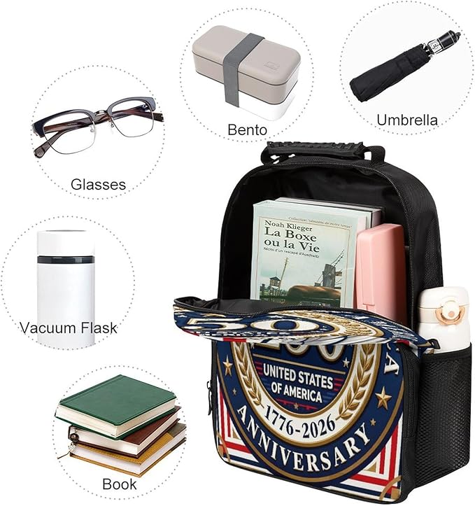 Women Men Polyester 250th Anniversary 1776-2026 Patriotic Eagle Art Casual Daypack Large Capacity Bookbag With Side Pockets for Sports Picnic Walking Cycling