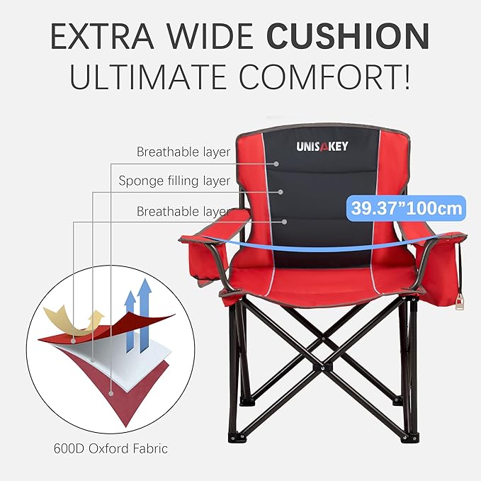 Oversized Folding Camping Chair for Adults - 450lbs Support - Heavy Duty Portable Lawn Chairs with Side Pocket Cup Holder Cooler Bag for Sports Garden Beach Fishing, Red 2 Pack