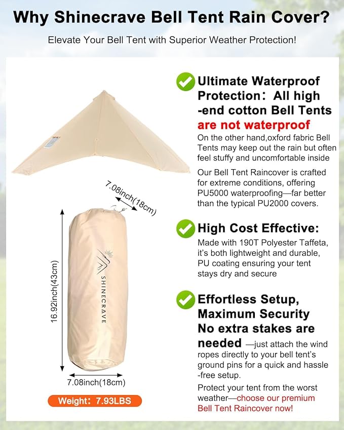 Bell Tent Rain Cover Protector with Stove Jack and Roof Vents for Camping,Waterproof,PU5000,Glamping Bell Tent Rain Fly with Stove Jack,4 Season,(Beige, for 16.5ft(5m) Size)