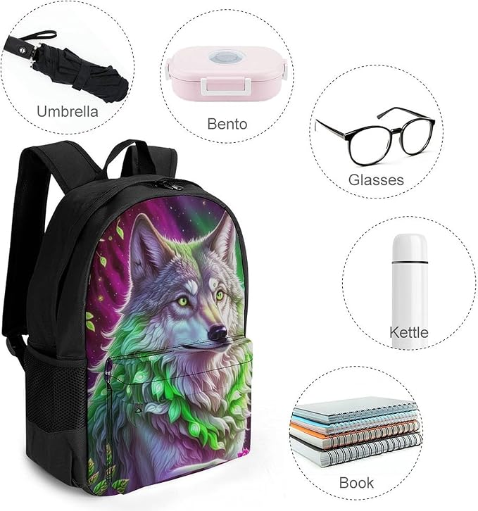 Daypack Anti-Theft Multipurpose Large Capacity Shoulder Bag, Starry Sky Colorful Wolf Leaf Art Travel Hiking Camping Rucksack With Smooth Zippers