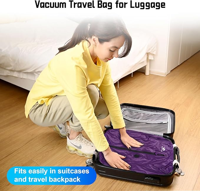 Zurligi Travel Vacuum Bags with Shoulder Strap & Mini Pump – IPX8 Waterproof Vacuum Seal Reusable 39L Carry-On Compression Bags for Clothes, Suitcase & Luggage(2-Pack, Purple)
