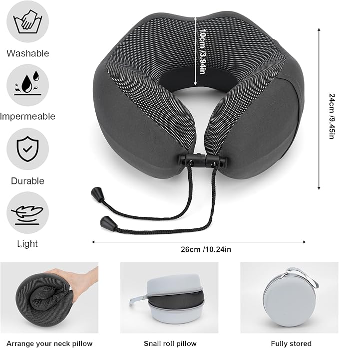 Travel Pillow Memory Foam Neck Pillow for Airplane Washable Silk Cover Ergonomic Neck Support Pillow with Storage Box