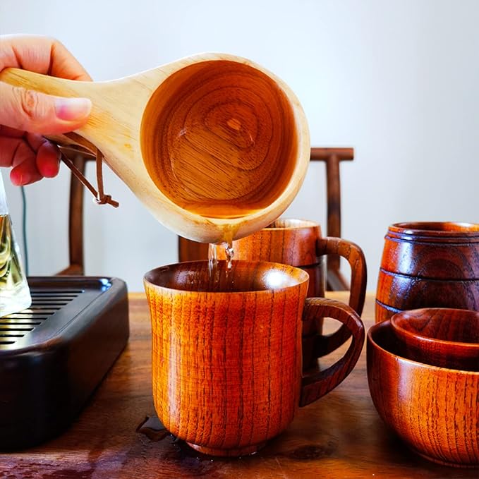 Sanrich Wooden Mug Kuksa Handcrafted Wood Camp Mug Survival Wood Cup Camping Cups & Mugs with Carabiner Leather Lanyard For Drinking Tea Coffee (6 ounces-smooth-two handle hole)