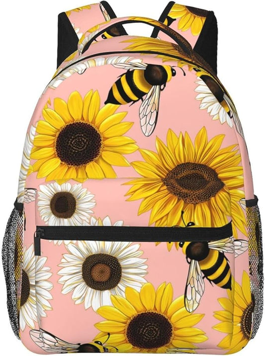 Men Women Lightweight Bee Sunflowers Backpack Large Capacity Bookbag With Smooth Zippers for Gym Business Running
