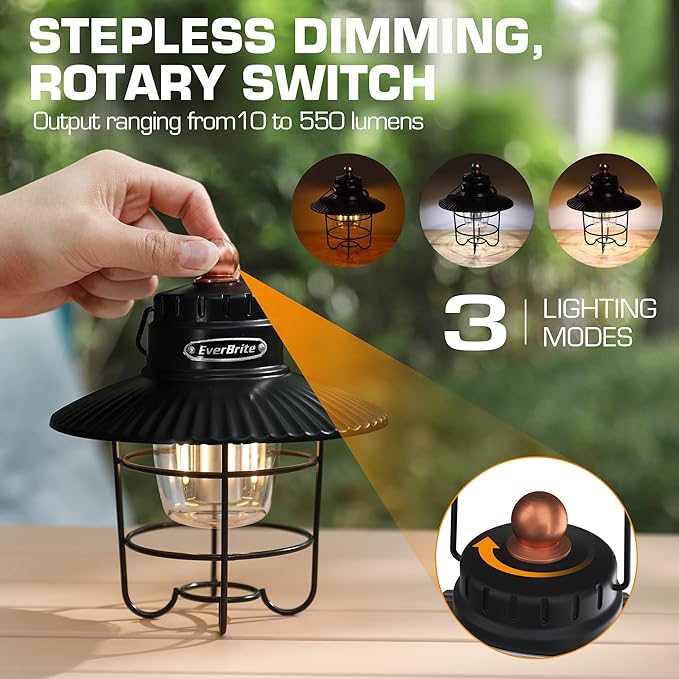EverBrite LED Camping Lantern, USB C Rechargeable Lantern with 3 Light Modes, Vintage Outdoor Lanterns with Power Bank Function for Power Outages, Hurricane, Emergency, Fishing