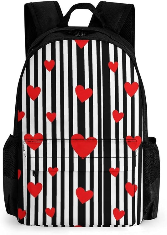 Daypack Lightweight Multipurpose Anti-Theft Black And White Stripes Hearts Shoulder Bag Large Capacity Laptop Book Bag Rucksack With Adjustable Shoulder Straps