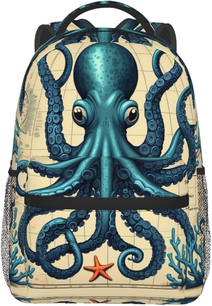 Backpack Multipurpose Anti-Theft Large Capacity Bookbag, Retro Octopus Art Travel Hiking Daypack With Side Pockets