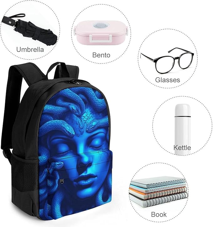 Casual Daypack Multipurpose Anti-Theft Large Capacity Carry On Bag, Greek Goddess Snake Queen Medusa Art Blue Casual Daypack Climbing Shoulder Bag With Padded Straps