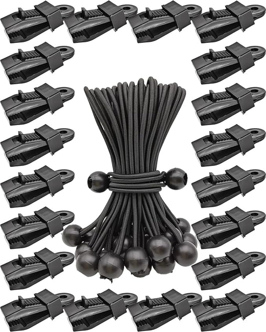 Tarp Clips Lock Grip, 40 Pack Tarp Clamps Heavy Duty and Ball Bungee Cords Set, Tent Clips with 6 Inch Bungie Cord Balls for Awnings Camping, Patio Umbrellas, Pool Awning Cover