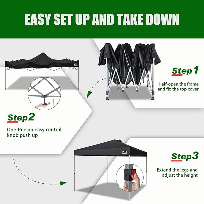 Eurmax USA NOMATTER ONE-Person Open&Close 10x10ft Pop Up Canopy Tent，Portable Shelter Canopy for Outdoor Events，Instant Canopies, Temporary Sunshade,Bonus 4 Sand Bags(Black)