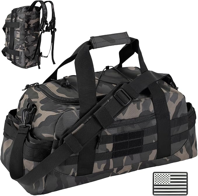 35L Large Duffle Bag, 3-in-1 Tactical Backpack MOLLE Pack for Sports/Gym/Outdoor, Black Camo